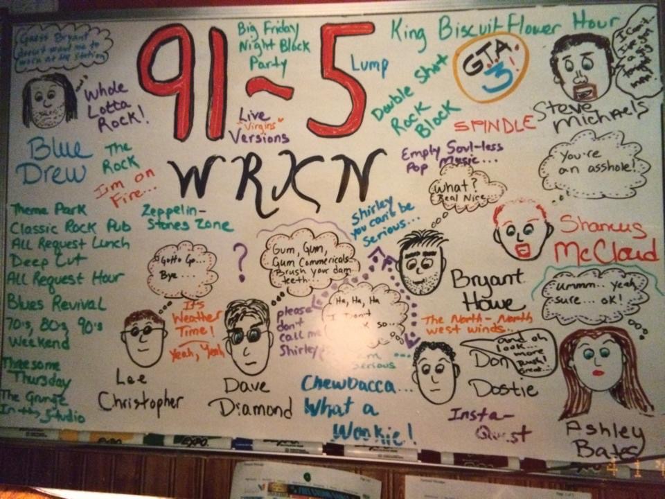 A hand-drawn 91-5 WRKN station board